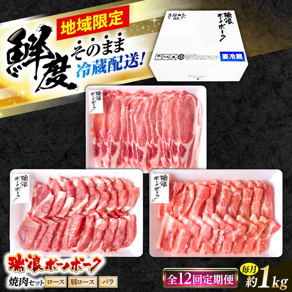 【ふるさと納税】【12回定期便】 ※冷蔵配送/地域限定※ 岐阜県産 豚 瑞浪ボーノポーク 焼肉 1kg 食べ比べセット (ロース・肩ロース・バラ) 瑞浪市 / きなぁた瑞浪[AZCI058]