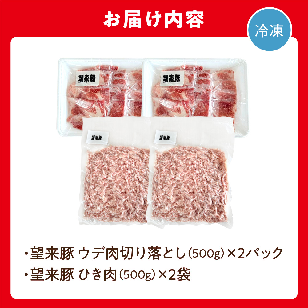 望来豚ウデ肉切り落とし500g×2、ひき肉500g×2（合計2kg）