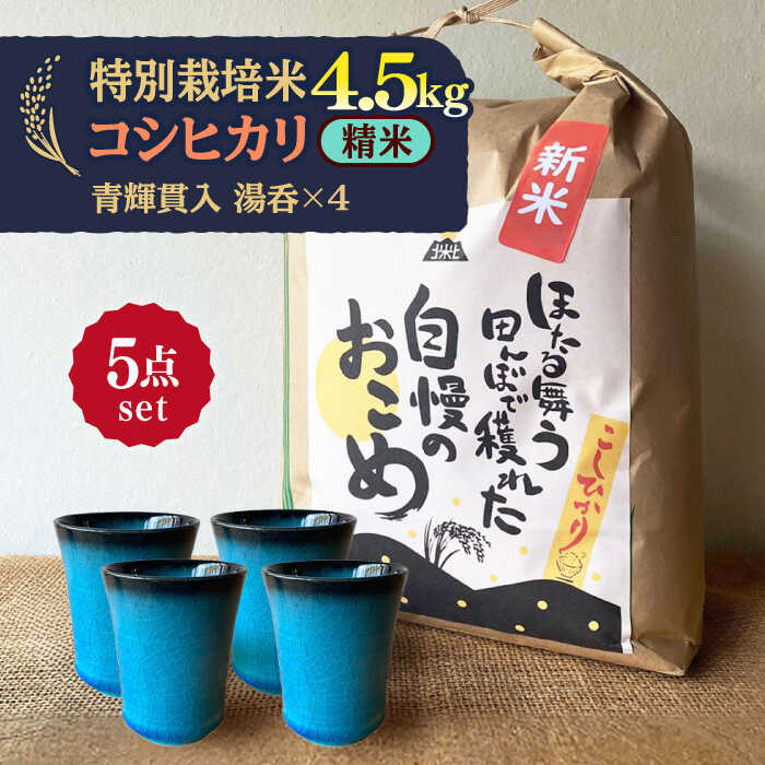 【ふるさと納税】【令和7年産】 精米 コシヒカリ 特別栽培米 （4.5kg）+ 【美濃焼】 青輝貫入 湯呑 （4個） 多治見市 / 山松加藤松治郎商店 [TEU059]