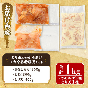 ＜からあげグランプリ最高金賞＞宇佐 とりあんのからあげ・大分名物鶏天セット(合計1kg・3種)から揚げ からあげ 鶏天 とり天 簡単 冷凍 惣菜 お弁当 おかず おつまみ 名物 セット【1035100