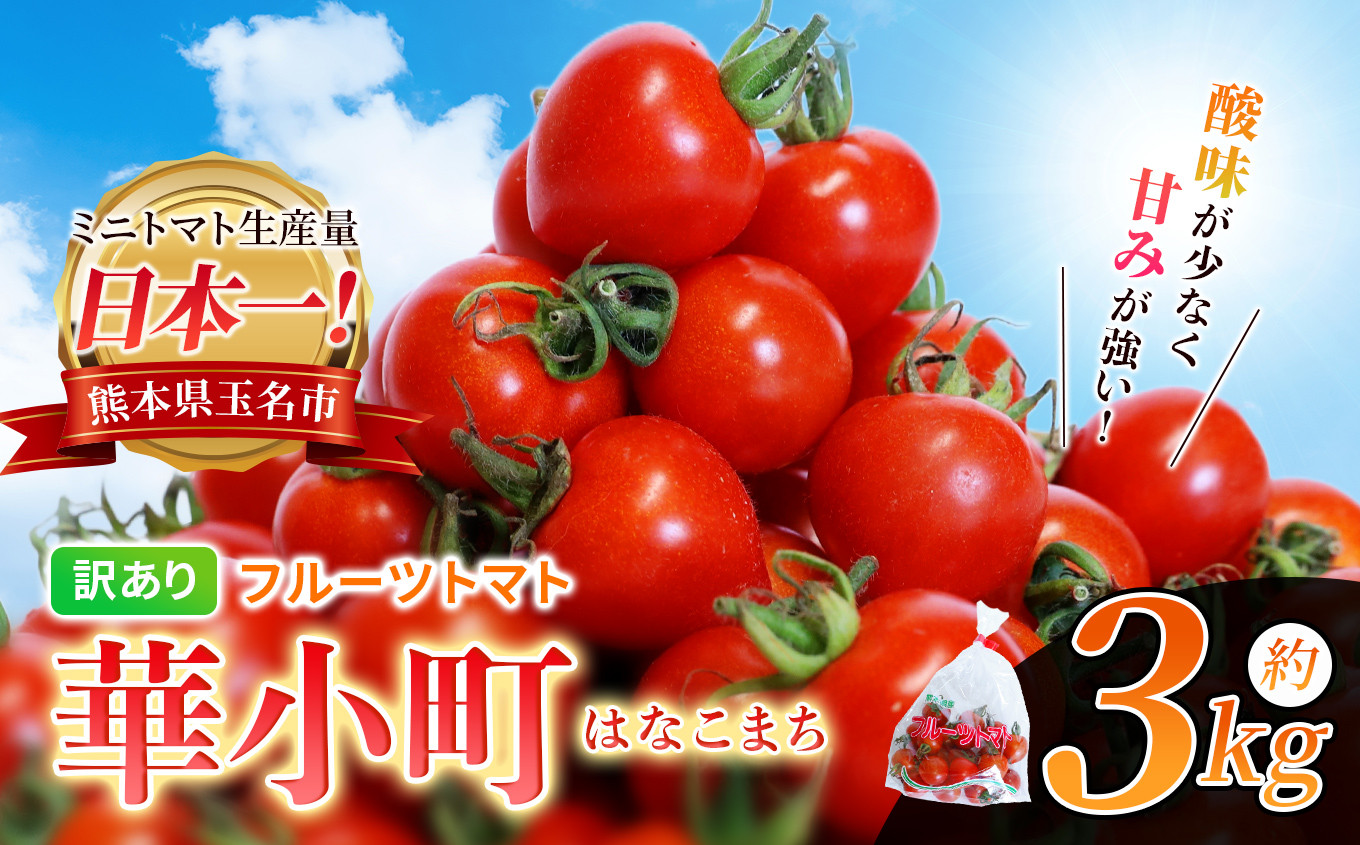 
訳あり フルーツトマト 華小町 はなこまち 3kg | 野菜 やさい トマト ミニトマト プチトマト ミディトマト 中玉 小玉 中粒 小粒 大小混合 玉名 熊本 とまと
