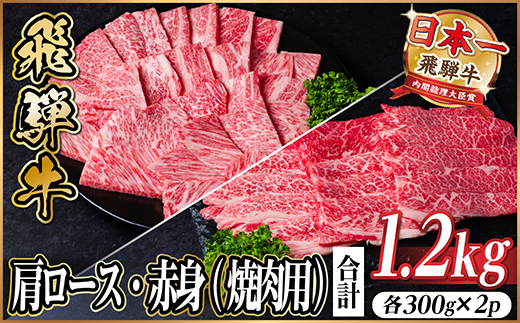 飛騨牛　厳選肩ロース・赤身(焼肉・BBQ用) 計1.2kg(各600g) 黒毛和牛 小分けA4～A5【配送不可地域：離島】