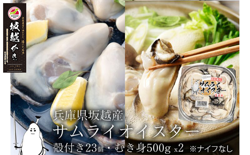 牡蠣 生食 坂越かき むき身 500g×2、 殻付き 23個【ナイフなし】サムライオイスター かき 生牡蠣 兵庫県 赤穂市
