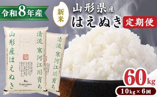 
                  【選べる発送時期】《先行予約》【令和8年産 6回定期便】はえぬき 合計60kg（10kg×6回）清流寒河江川育ち 山形産はえぬき 山形県産 2026年産 精米 60キロ 　138-C-JA013（令和8年産）
                