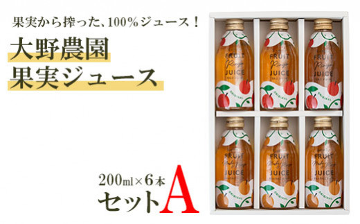 
果実から搾った、100％ジュース！大野農園　果実ジュース200ml6本セットA【07001】
