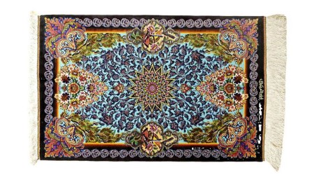 【限定1品】 絨毯 シルク100％ 手織り ラグマット カーペット／ 高級 玄関マットサイズ 90×59cm 高品質 じゅうたん ラグ （FS-2108) 青 植物 花柄 鳥   エントランスマット 