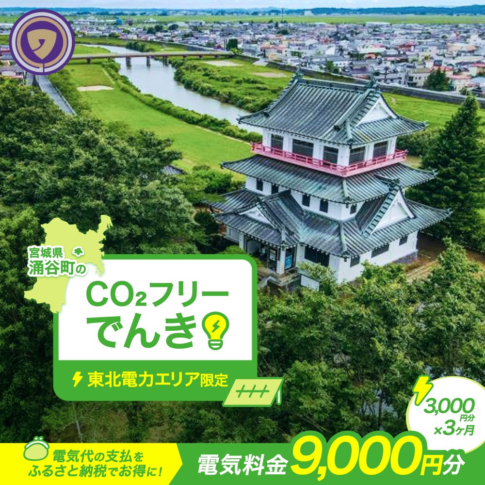 涌谷町CO2フリーでんき 3,000円×3ヶ月コース（注：お申込み前に申込条件を必ずご確認ください）東北電力 電気 電力 東北 電気代 電気料金 青森県 岩手県 宮城県 秋田県 山形県 福島県 新潟県 でんき【ens001】