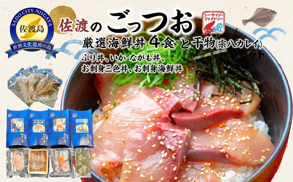 
            佐渡のごっつお　厳選海鮮丼4食・干物セット
          