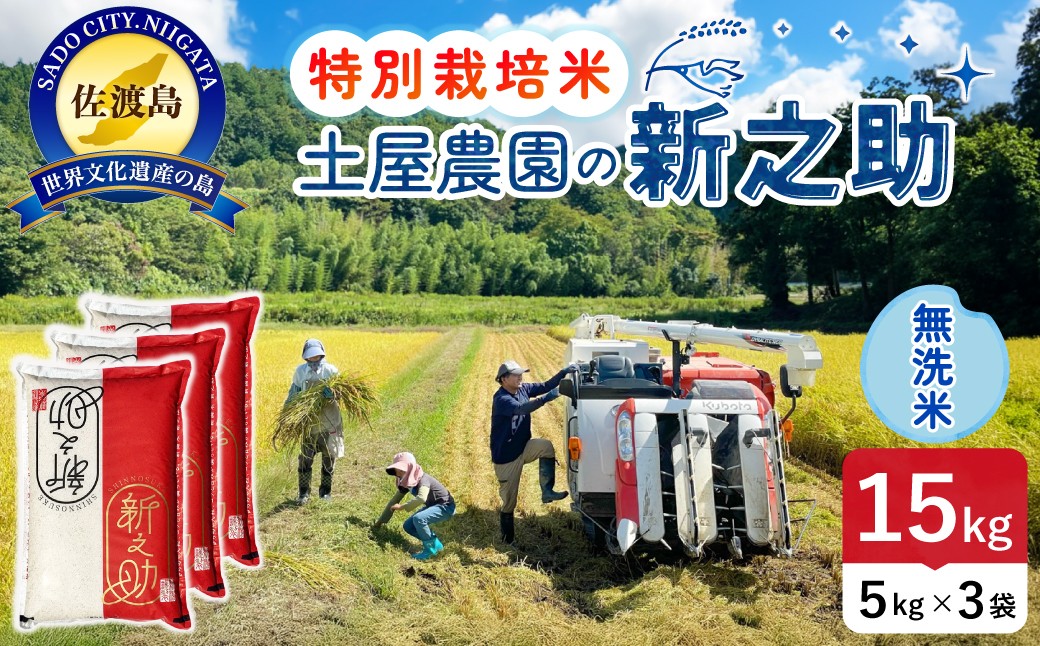 
                  佐渡島産 新之助 無洗米15kg（5kg×3袋）令和7年産 特別栽培米 単一原料米 土屋農園 | 新潟県産新之助 新潟産新之助 佐渡産新之助 しんのすけ 新之助 お米 米 無洗米 むせんまい 精米 ブランド米 おこめ コメ 15キロ 大粒 にいがた さど 新潟県 佐渡市
                