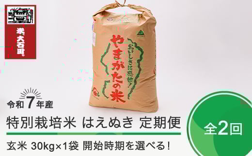 
            新米 米 令和7年産 【玄米2回定期便】 はえぬき 30kg×2回 初回発送月を選べる 大石田町産 特別栽培米 玄米 ja-hagxa30x2-tkk
          