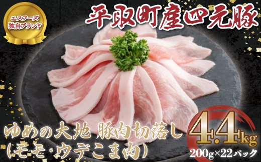 【平取町産四元豚】ゆめの大地豚肉切落し（ﾓﾓ・ｳﾃﾞこま肉）200g×22パック計4.4ｋｇ BRTD003