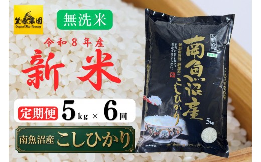 
                  【定期便】【令和８年産新米】南魚沼産コシヒカリ無洗米（5kg×全6回） 【銘柄米 ブランド米 無洗米 こしひかり コシヒカリ 定期便 魚沼産 南魚沼産 プレミアム 新潟米 新潟県産 高評価 高品質 高級 国産米 産直 ご飯 御飯 ごはん 厳選】
                