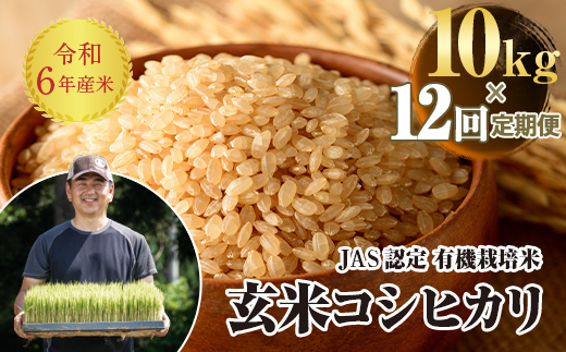 
＜定期便12ヶ月＞【先行予約】令和6年産米 JAS認定 有機栽培米 西会津産米 コシヒカリ 玄米 10kg 米 お米 おこめ ご飯 ごはん 福島県 西会津町 F4D-0988
