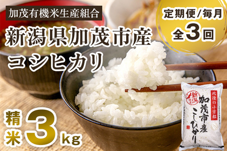 【令和7年産新米先行予約】【定期便3回毎月お届け】新潟県加茂市産コシヒカリ 精米3kg 《10月中旬から順次出荷 》 白米 加茂有機米生産組合 定期便 定期購入 定期 新潟県産コシヒカリ 米 お米
