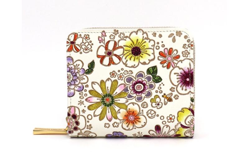 【文庫屋大関】二つ折りファスナーミニ財布 みつばち【皮革工芸品】財布 二つ折り 小物 お札 カード 小銭 コンパクト 牛革 手作り 日本製 墨田区 東京都