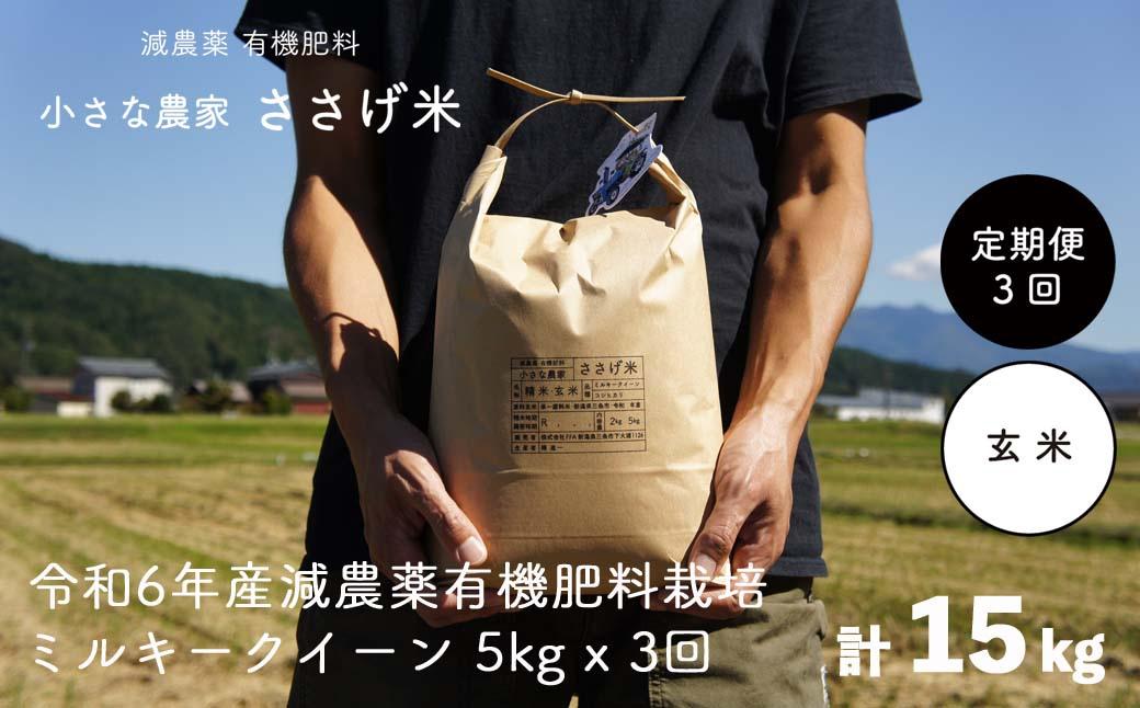 
[定期便5kg×3か月] 減農薬有機肥料栽培 新潟県産 ミルキークイーン 玄米 計15kg 令和6年産米 [小さな農家ささげ米]【035S030】
