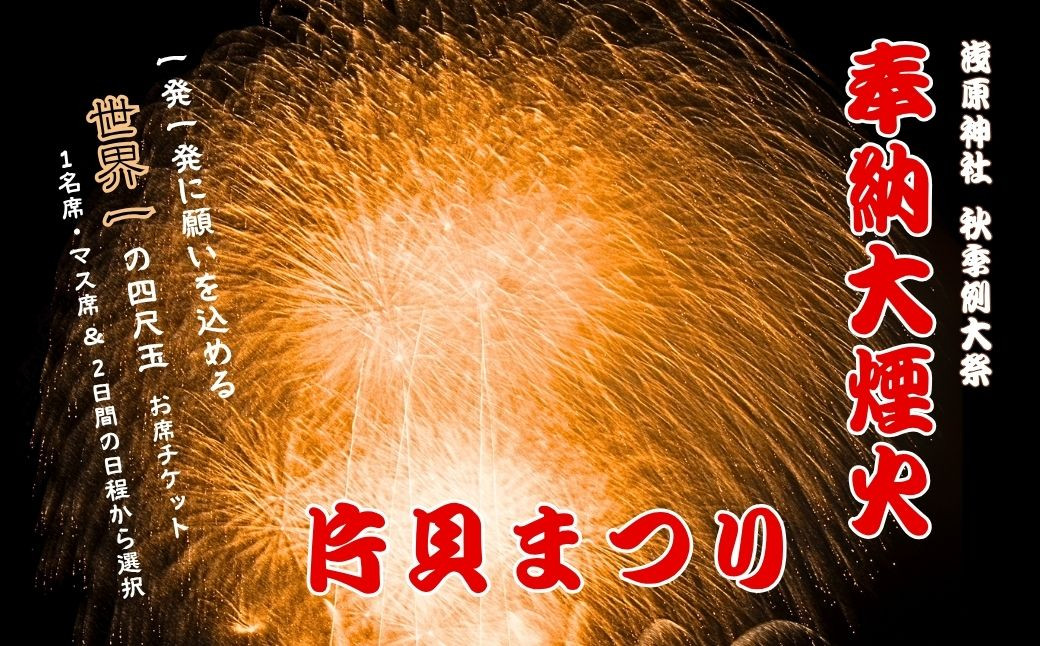 
            【越後三大花火】世界一の四尺玉を体感！片貝まつり花火大会チケット (1名様分～6名定員マス席) 新潟県小千谷市 【0003-0001SV00-01】
          