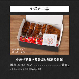【馬肉】 国産馬ホルモン《旨辛味》《200g入り×5P》_国産 馬ホルモン 旨辛味 200g × 5パック 小分け 福岡県産 ホルモン 化粧箱入り やみつき うま辛 鮮度抜群 真空包装 急速冷凍 福岡
