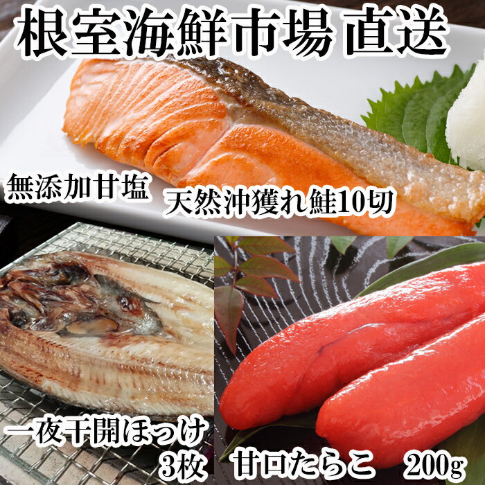 【ふるさと納税】 沖獲れ鮭 10 切、甘口たらこ 200g、一夜干し開きホッケ 3 枚 ほっけ 一夜干 干物 サケ さけ しゃけ シャケ 沖獲れ 沖どれ 沖どれザケ 沖どれざけ 春ザケ 春ざけ 春鮭 タラコ 鱈子 魚卵 ご飯のお供 お取り寄せ 海鮮 北海道 根室市 ふるさと納税 A-11060