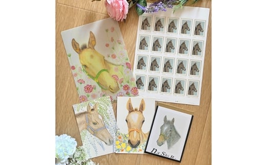 馬のまち栗東　馬と花のステーショナリーセットB / 切手 ポストカード メモ帳 クリアファイル 雑貨 / 栗東市 / nashira (nashira picture of horse) [BIBN002]