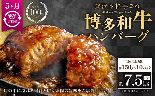 【5ヶ月定期便】博多和牛100％ 贅沢本格手ごねハンバーグ 約150g×10個 合計1.5kg 定期 合計50個 博多和牛 牛 肉 ハンバーグ 福岡県 苅田町