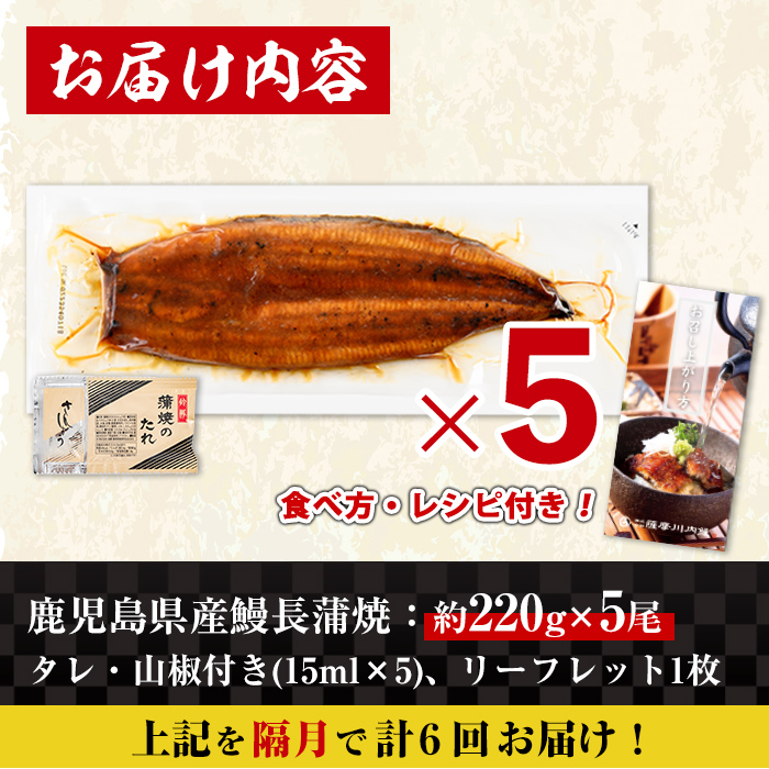 i1177-B ＜定期便・計6回(隔月)＞＼特大サイズ／鹿児島県産 うなぎ蒲焼 5尾セット ＜（約220g×5・計約1100g）×全6回＞ 定期便 たれ 山椒付きうなぎ 鰻 ウナギ 特大 特大サイズ 約220g 蒲焼き 国産 鹿児島県産 焼きたて 生産量日本一 真空パック おかず 晩御飯 特別な日 土用の丑の日 【薩摩川内鰻】