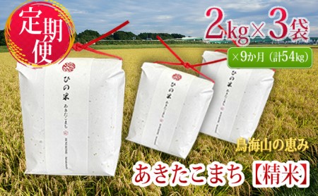 新米 米 お米 《定期便》6kg×9ヶ月 秋田県産 あきたこまち 精米 2kg×3袋 神宿る里の米「ひの米」（お米 小分け）