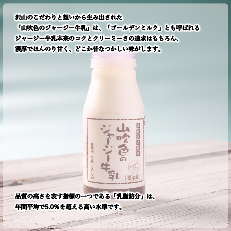【山のいぶき】山吹色のジャージー牛乳 乳脂肪分 5％以上 低温殺菌 素材の味 牛乳 200ml 12本 飲みきり ギフト 贈答 セット FOODEX JAPAN ご当地牛乳グランプリ 最高金賞 金賞 