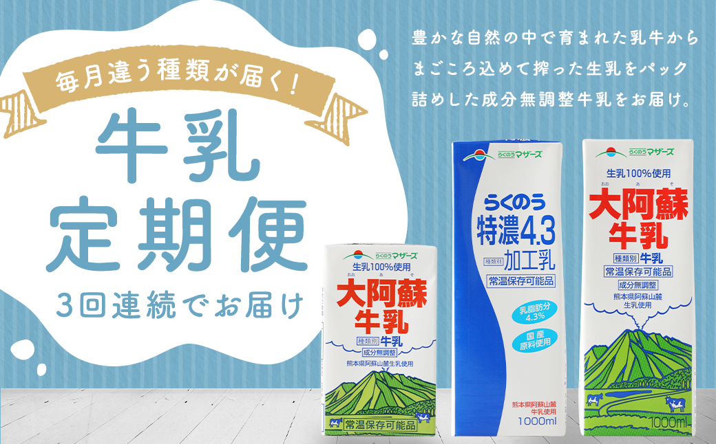 【3ヶ月 定期便】大阿蘇牛乳（250ml×24本）／特濃4.3（1L×6本）／大阿蘇牛乳（1L×6本）毎月違うものが届きます！