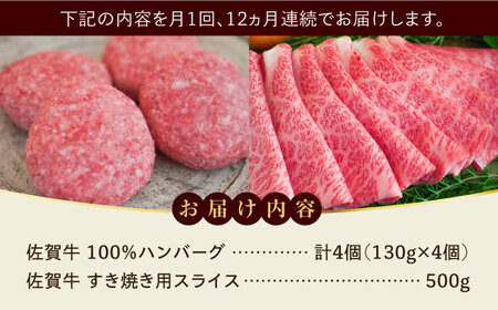 【全12回定期便】佐賀牛100％ハンバーグ4個と佐賀牛すき焼き用500g  / 牧場直送 精肉 ブランド牛 和牛 黒毛和牛 小分け / 佐賀県 / 有限会社佐賀セントラル牧場[41ASAA211]