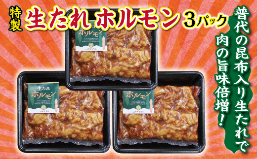 
普代の昆布でお肉もよろコンブ♪生たれホルモン ３パック 味付け肉 豚肉
