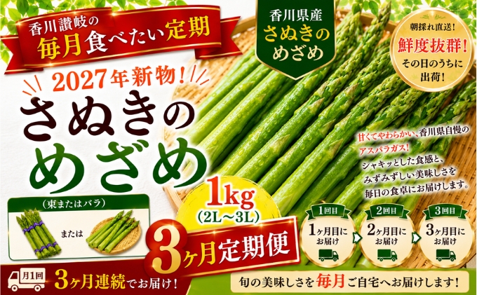 アスパラガス 定期便 3ヶ月 3回 さぬきのめざめ 約1kg 2L 3L 香川県産 讃岐 アスパラ 野菜 香川県オリジナル品種 極太 柔らか シャキシャキ 甘み 束 バラ 新物 初物 2027年 4月発送 5月発送 6月発送 香川県 東かがわ市 46312845◆
