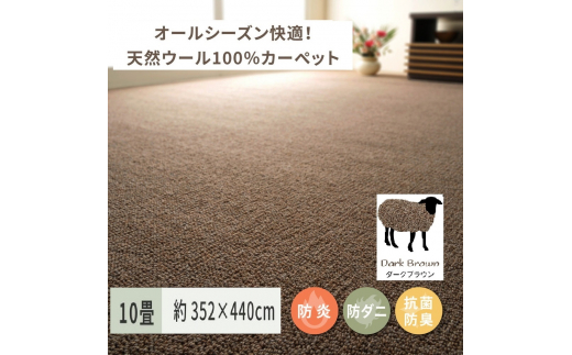 
天然ウール100%の 防炎 カーペット 1枚 10帖 ダークブラウン 約352×440cm 600023790 [3525]
