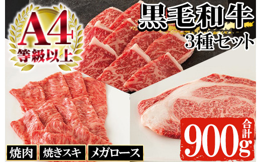 
鹿児島県産 黒毛和牛 3種盛り合わせ Aセット 900g（メガロース肉 300g・焼肉用赤身肉 300g・焼きスキロース肉 300g）自家製割り下付き！A4等級以上 詰合せ 冷凍 国産 鹿児島県産 黒毛和牛 食べ比べ 【C-122H】
