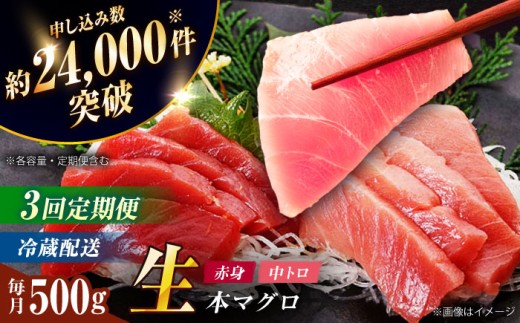 【全3回定期便】【ながさき水産業大賞受賞の新鮮なマグロを冷蔵でお届け！！】五島列島産 養殖 マグロ 赤身 中トロ 計約500g 定期便 海鮮(  マグロ 赤身 中トロ まぐろ 鮪 本まぐろ 人気 おすすめ）生本かみマグロ【カミティバリュー】 [RBP029]