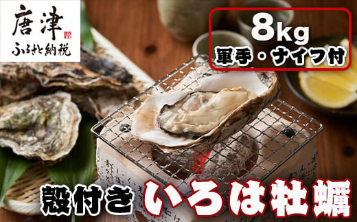 唐津産 殻付きいろは牡蠣 8kg (軍手・ナイフ付)をお届けいたします。