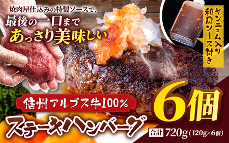 肉の旨み際立つ！信州アルプス牛100％　ステーキハンバーグ　６個入り　合計720g(１２０g×６個　ヤンニョム入り和風ソース付き)
