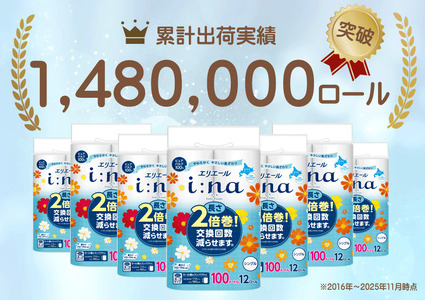 【2ヵ月連続お届け・計144ロール】エリエール i:na(イーナ) トイレットティシュー シングル 100m 12R 6パック 2倍巻 長持ち まとめ買い 紙 防災 常備品 備蓄品 消耗品 備蓄 日用