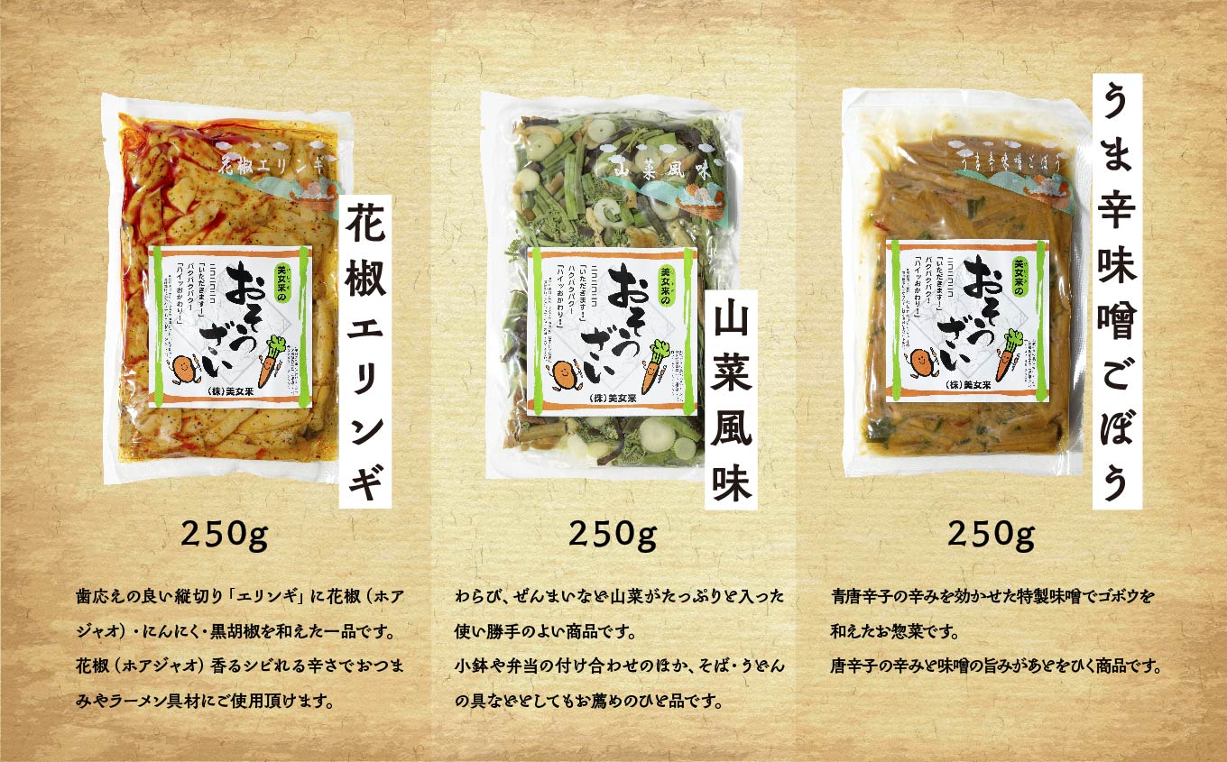 美女来のおそうざい6種セット お惣菜 おそうざい お弁当 おつまみ 常温保存 煮物 惣菜 常温 おかず 保存食 レトルト 弁当 山菜 メンマ ごぼう きのこ おすすめ お中元 お歳暮 ギフト 二本松市
