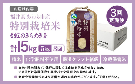 【先行予約】【令和7年産】定期便 ≪3ヶ月連続お届け≫ 化学肥料不使用 特別栽培米 虹のきらめき 精米 5kg × 3回（合計15kg） / 白米 米 福井県あわら市産 美味しい 特別栽培米 減農薬 