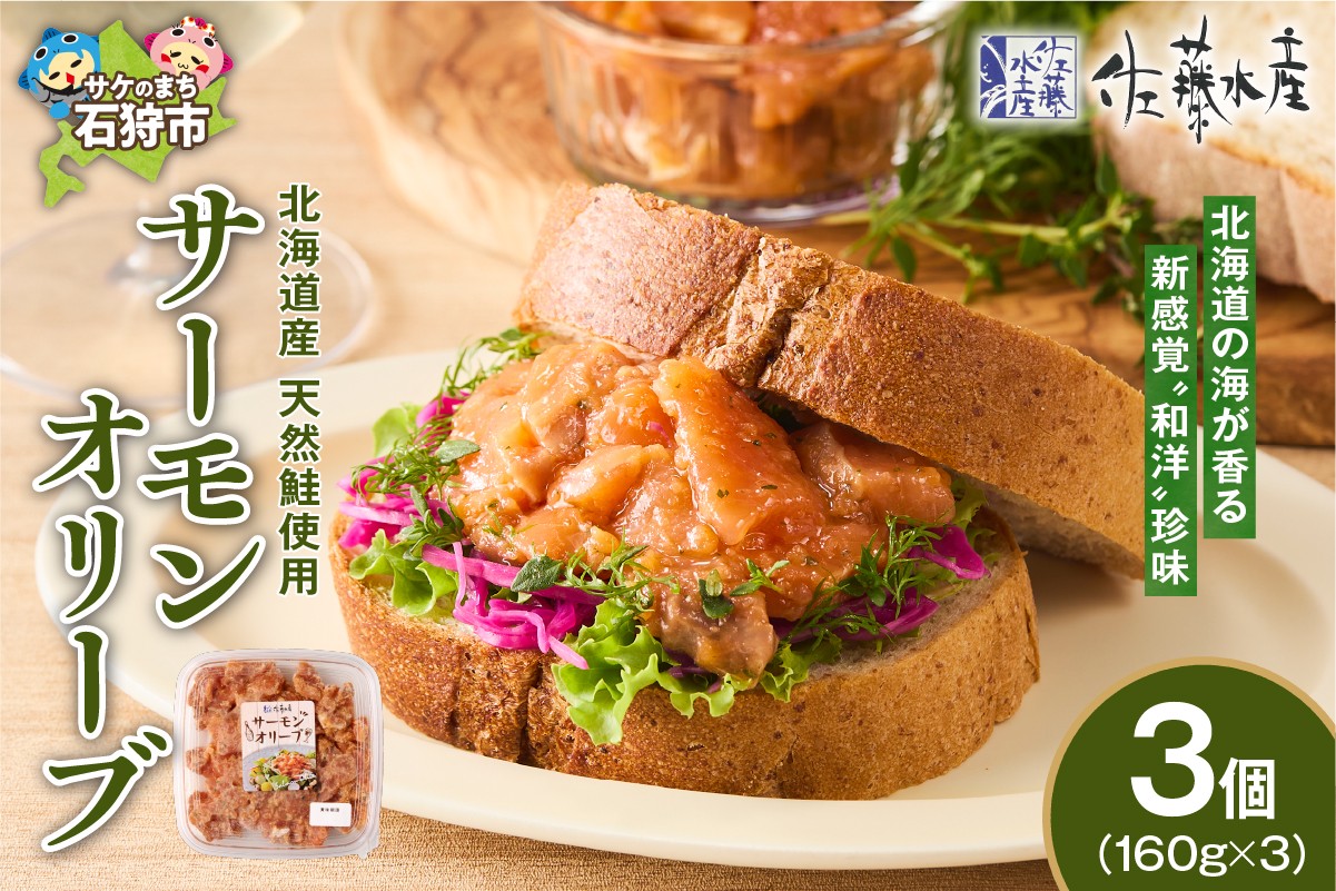 
            佐藤水産 サーモンオリーブ　160g×3個｜ふるさと納税 石狩市 さとう水産 北海道 北海道物産展 サーモンオリーブ サーモン サケ さけ 鮭 人気 美味しい グルメ
          