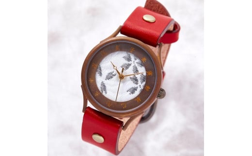 伝統工芸品【西陣織 白】の文字盤が美しい手作り腕時計 干支インデックス ベルトカラー：赤 WJ001L 西陣白-赤