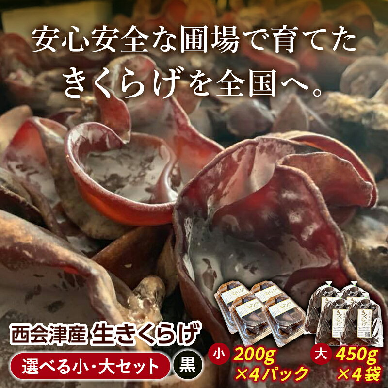 【ふるさと納税】《期間限定》西会津産 生きくらげ 小セット (黒200g×4パック) ／大セット (黒450g×4袋) 選べる容量 完全無農薬 生 きくらげ 木耳 キクラゲ 国産 おつまみ 食品 F4D-2263var