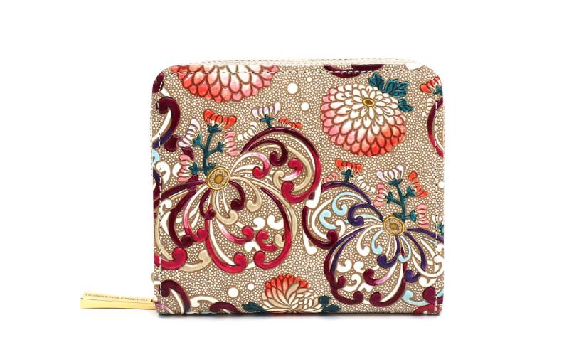 【文庫屋大関】二つ折りファスナーミニ財布 乱菊＜赤紫＞【皮革工芸品】財布 二つ折り 小物 お札 カード 小銭 コンパクト 牛革 手作り 日本製 墨田区 東京都