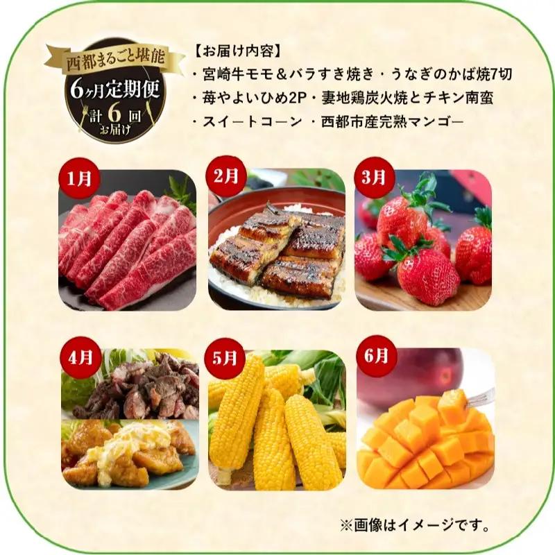 【季節の定期便A】6ヶ月毎月届く 西都まるごと堪能セット6品お届け！【お楽しみコース】宮崎完熟マンゴー 宮崎牛 うなぎ スイートコーン いちご 地鶏 すき焼き＜1-1a＞