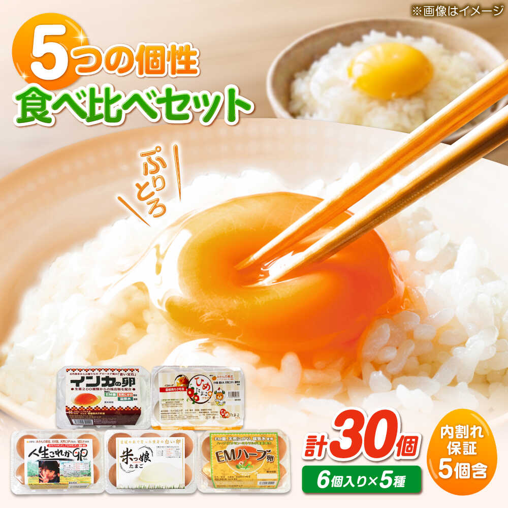 【ふるさと納税】はじめての卵 食べ比べセット 6個×5種類(内割れ保証5個、各種1個づつ)／たまご 生卵 食べ比べ 詰め合わせ お試し 内子町 人気 おすすめ 送料無料 食品 贈り物 ギフト プレゼント 四国 愛媛県 鶏卵 パック 【有限会社イヨエッグ】[BKCB001] 9000 9000円