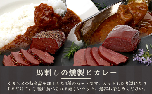 馬刺し燻製 2種 ＆ 馬すじ・くまもとあか牛 2種のカレーセット あか牛 馬肉 カレー くんせい 燻製 総菜 惣菜 おつまみ 非常食 アウトドア BBQ レトルト パウチ 簡単調理 100-0007