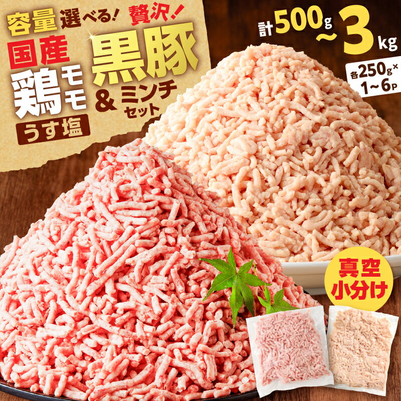 【ふるさと納税】＜容量選べる＞ 国産 鶏モモ ミンチ うす塩 黒豚 ミンチ セット 500g ～ 3kg 鶏肉 鶏 豚 肉 お肉 ミンチ 挽肉 ひき肉 味付き 真空 小分け パック 便利 そぼろ 丼 おかず 大容量 ボリューム ミヤタ 鹿児島 鹿児島市 おすすめ ランキング プレゼント ギフト