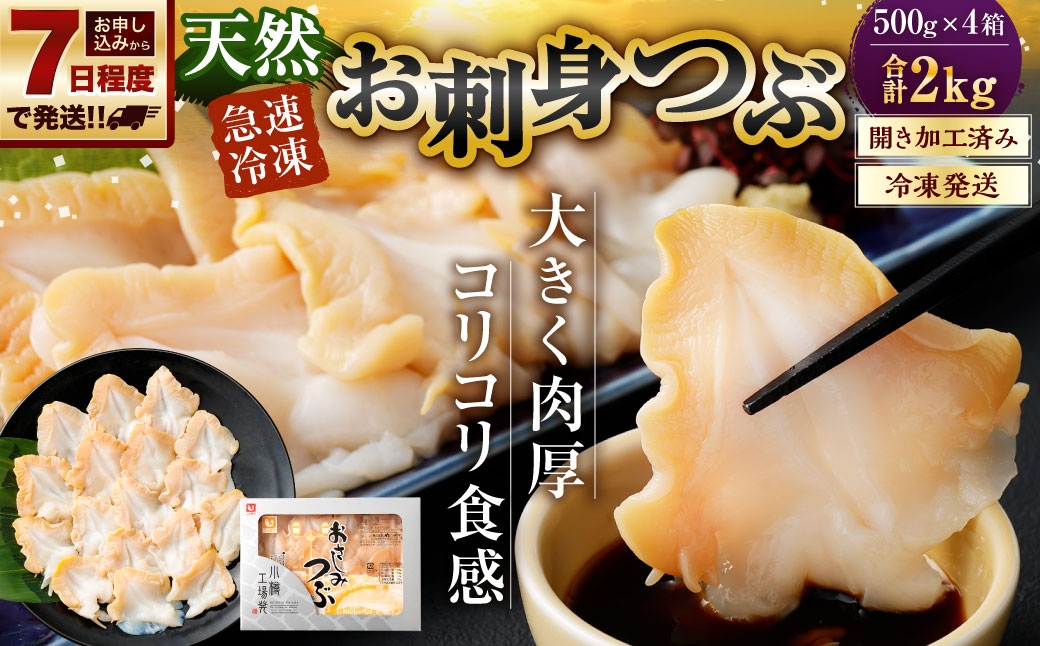 
                  【 7日程度で発送 】 お刺身 つぶ 2kg (（ 500g × 4P ） つぶ貝 刺身 スライス 貝類 貝 海鮮 魚介類 海産物 寿司 寿司ネタ バター焼き フライ 海鮮丼 大きい 肉厚 コリコリ 冷凍
                