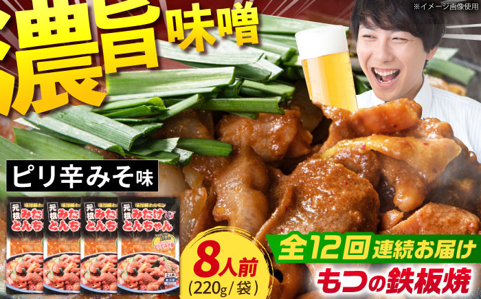 
                  【12回定期便】岐阜県産豚もつの鉄板焼き「元祖みたけとんちゃん」ピリ辛みそ味（8人前） / モツ もつ 白もつ ホルモン / 御嵩町 / 藤よし [AVAA029]
                